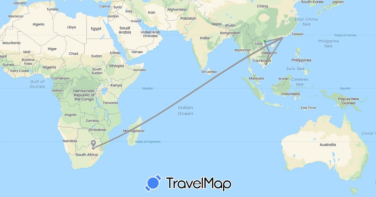 TravelMap itinerary: driving, bus, plane in China, Hong Kong, Vietnam, South Africa (Africa, Asia)